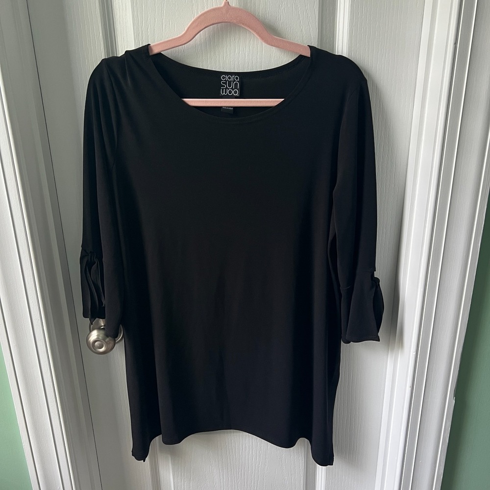 Clara Sun Woo Womens Top Black 3/4 Sleeve Tunic Bow Accent on Sleeve Size L